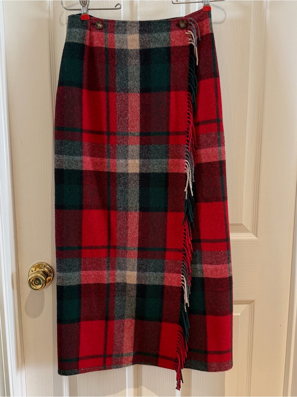 Vintage Eddie Bauer plaid wool blend blanket wrap skirt with fringe trim